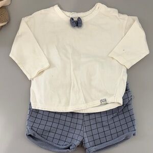 Cream Top and Gray Checkered Shorts Set